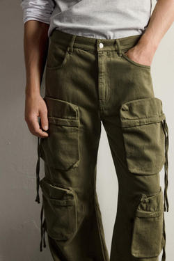 ZARA БРЮКИ КАРГО RELAXED FIT С КАРМАНАМИ, ЗЕЛЕНЫЙ