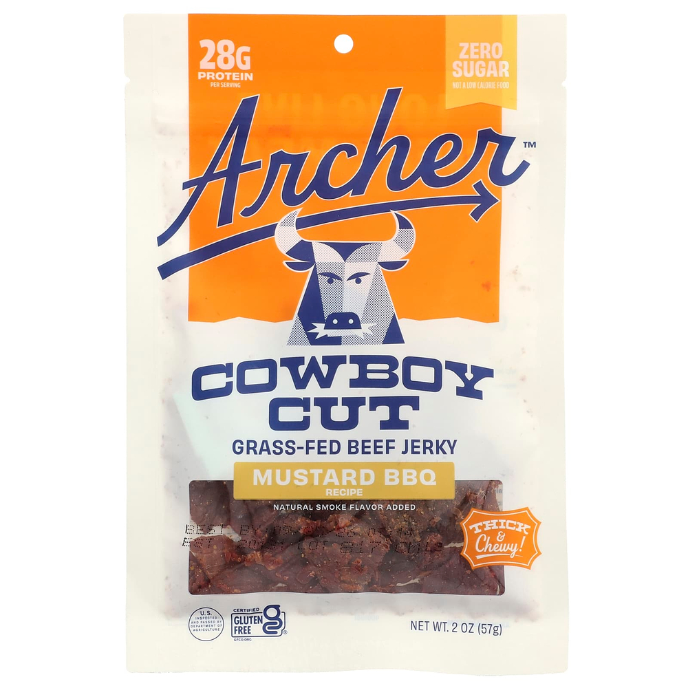 Country Archer Jerky, Cowboy Cut, вяленая говядина травяного откорма, горчица-гриль, 57 г (2 унции)