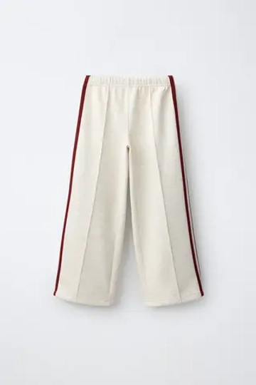 ZARA БРЮКИ WIDE LEG С КОНТРАСТНЫМИ ЛАМПАСАМИ, ПЕСОЧНЫЙ МЕЛАНЖ