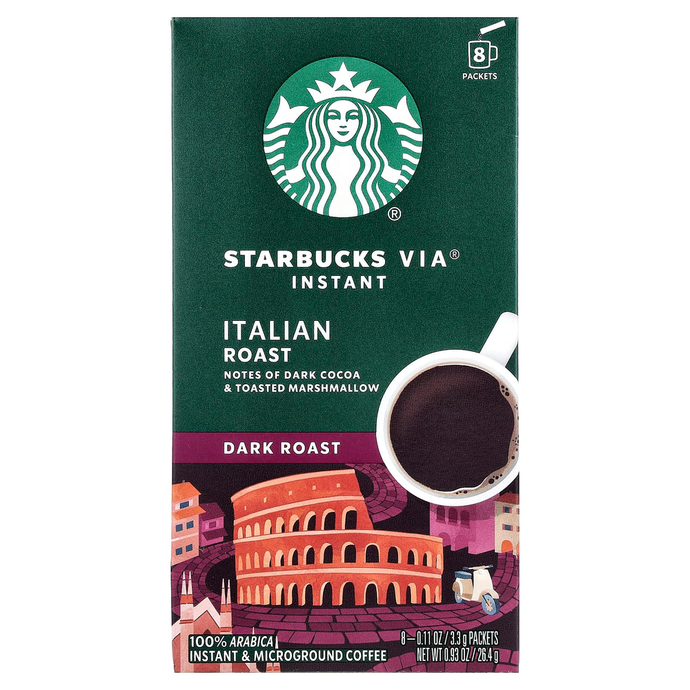 Starbucks, VIA®, растворимый кофе итальянской обжарки, микромолотый, темная обжарка, 8 пакетиков по 3,3 г (0,11 унции)