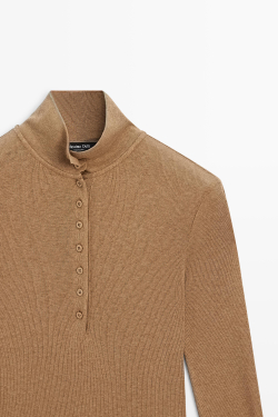 Massimo Dutti Футболка с длинными рукавами и воротником-стойкой, цвет темной верблюжьей шерсти