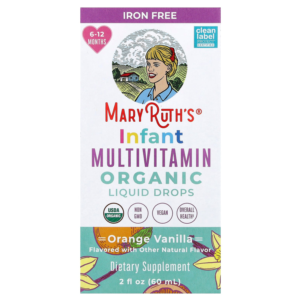 MaryRuth's, органические мультивитамины в жидкой форме для младенцев, без железа, для детей 6–12 месяцев, со вкусом апельсина и ванили, 60 мл (2 жидк. унции)