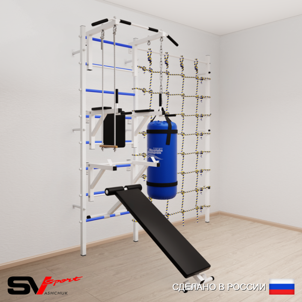 Шведская стенка Sv Sport усиленная 69310 (Турник стандарт/Брусья/Стойка/Скамья/Трапеция/Цепь/Мешок 15кг/Канатный лаз)