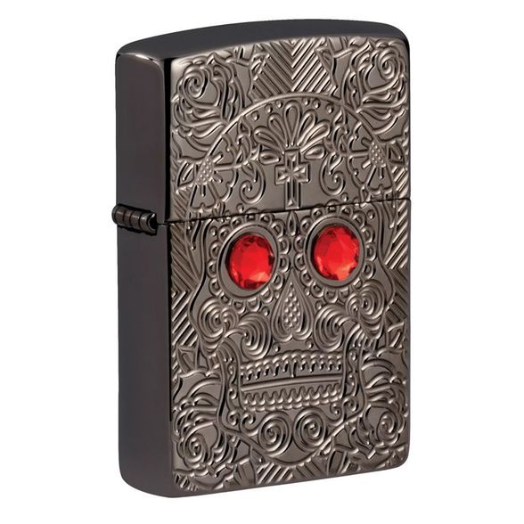 Цена наЗажигалка ZIPPO Armor Crystal Skull Design с покрытием High Polish Black Ice, латунь/сталь, чёрная, 37х13x58 мм