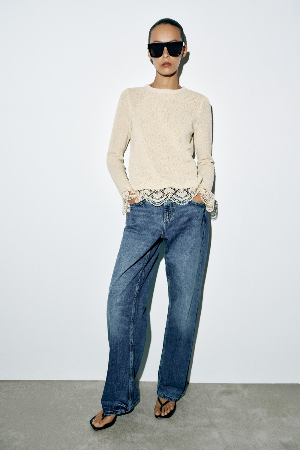 ZARA КРУЖЕВНОЙ ТОП, ЭКРЮ