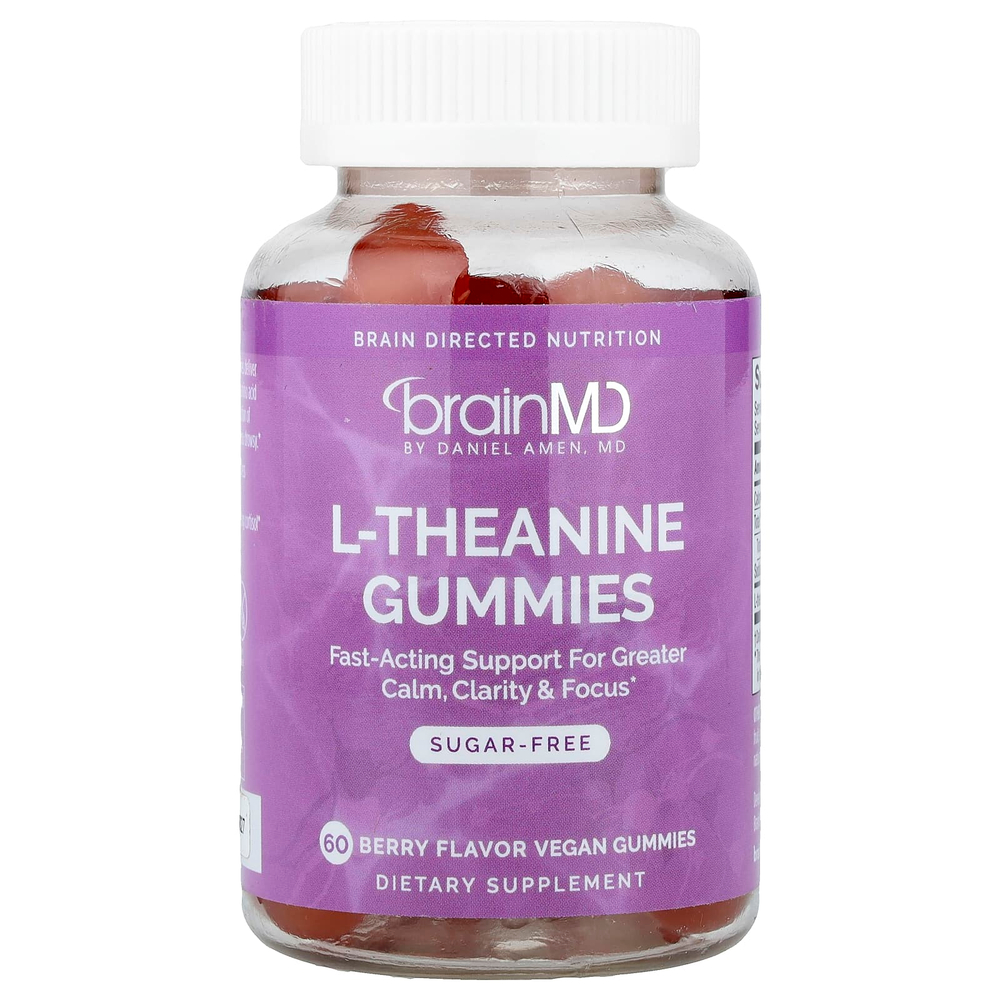BrainMD, Жевательные мармеладки с L-теанином, ягодные, 60 веганских жевательных мармеладок (100 мг в 1 жевательной мармеладке)