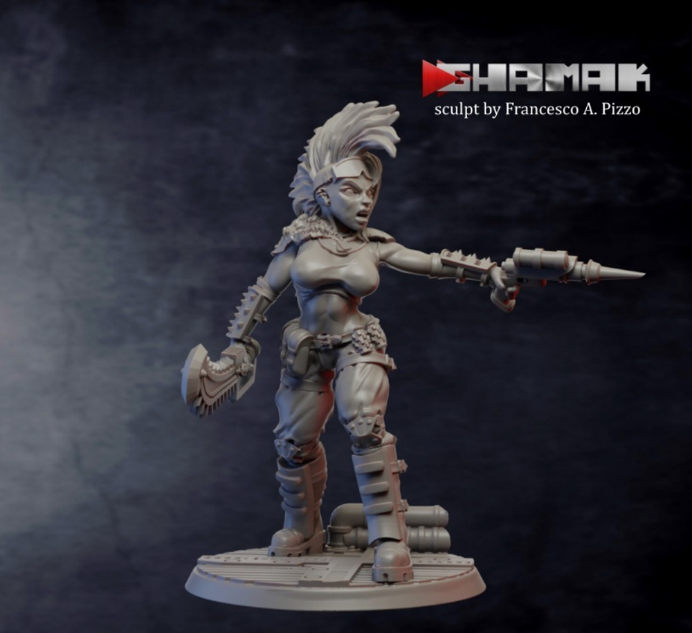 Necromunda Escher Gang Бандитка Эшер №9 с пистолетом и пиломечом миниатюра для dnd, днд, pathfinder, фентези, Настольная игра, НРИ, Варгейм, РПГ