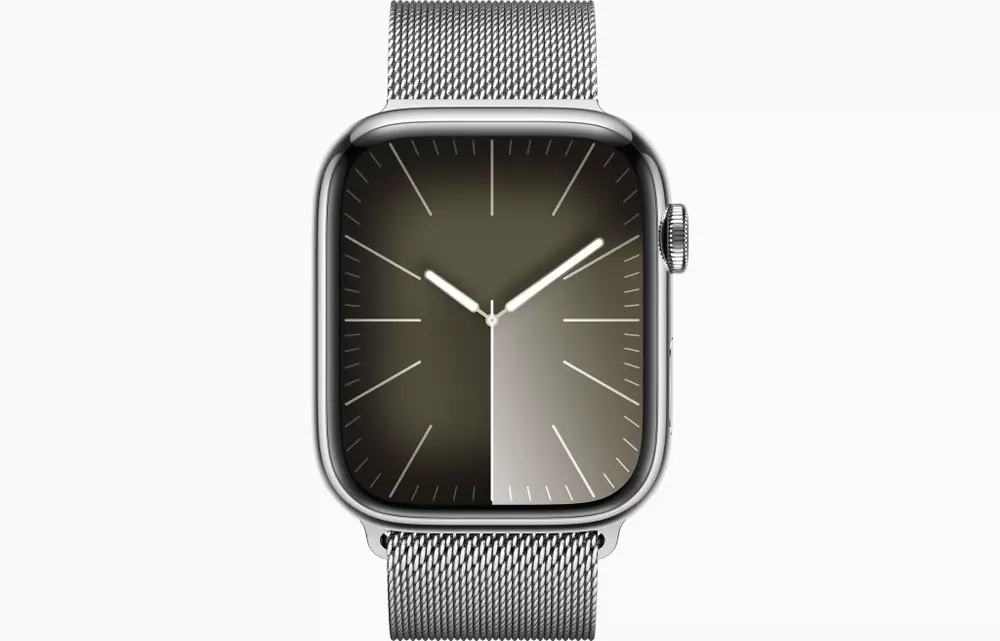 Apple Watch Series 9, 41 мм, из стали серебристого цвета, миланский сетчатый браслет