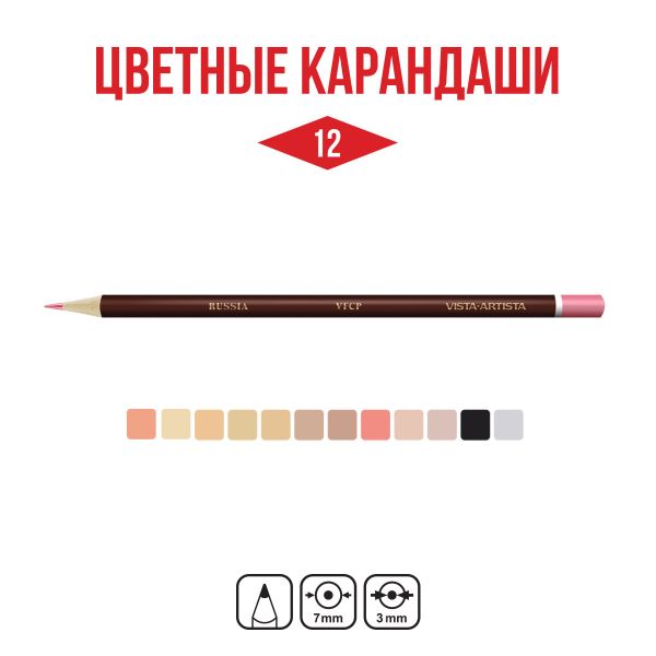 Набор цветных карандашей Скинтонс заточенный 8х12 цв, Vista-Artista Fine VFCPS-12