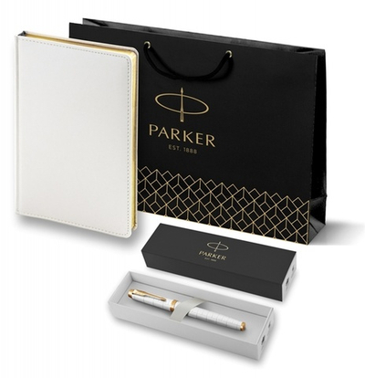 Подарочный набор: Ручка роллер Parker IM Premium T318 Pearl GT, цвет чернил черный и белый недатированный ежедневник с золотым срезом