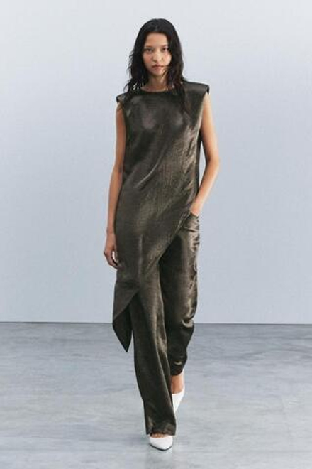 ZARA АТЛАСНЫЕ БРЮКИ — ZW COLLECTION, ТЕМНО-ЗЕЛЕНЫЙ