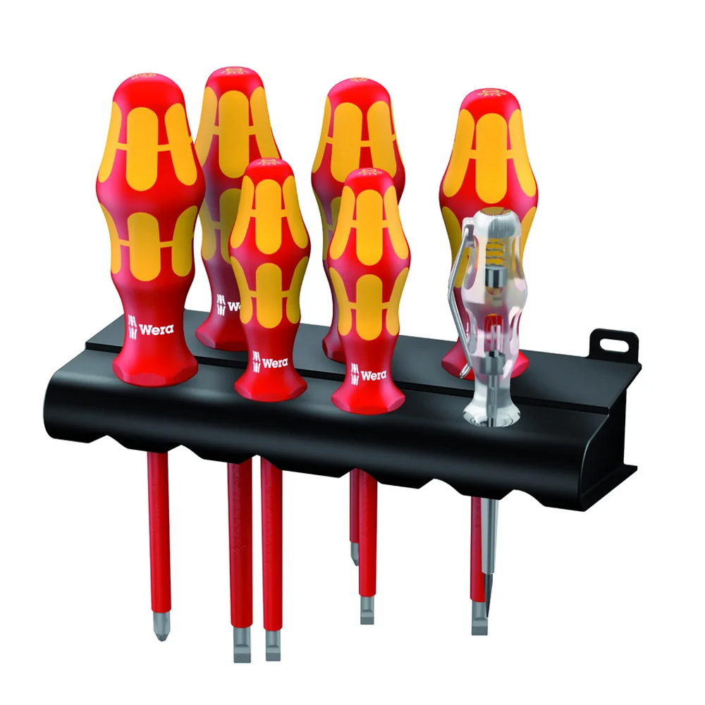 Набор 7 предметов WERA Kraftform Plus ОТВЕРТКИ диэлектрические 160 i / 165 i / 7 Rack VDE, пробник - подставка PZ 1-2, SL 2.5-3.5-4-5.5 WE-006148