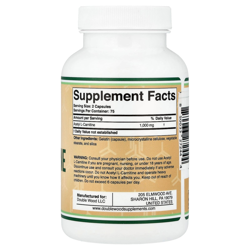 Double Wood Supplements, ацетил-L-карнитин, 150 капсул (500 мг в 1 капсуле)