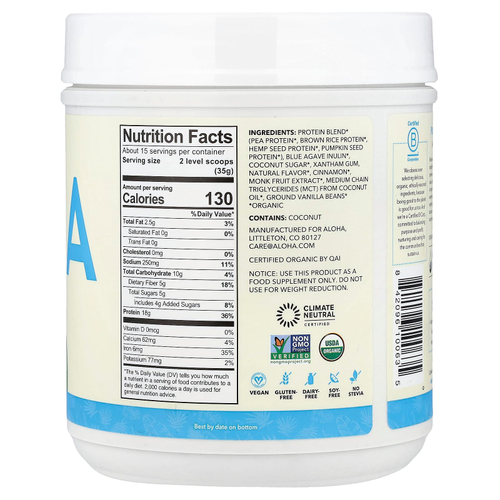 Aloha, Organic Protein Powder, Vanilla, 1 lb 2.5 oz (525 g)