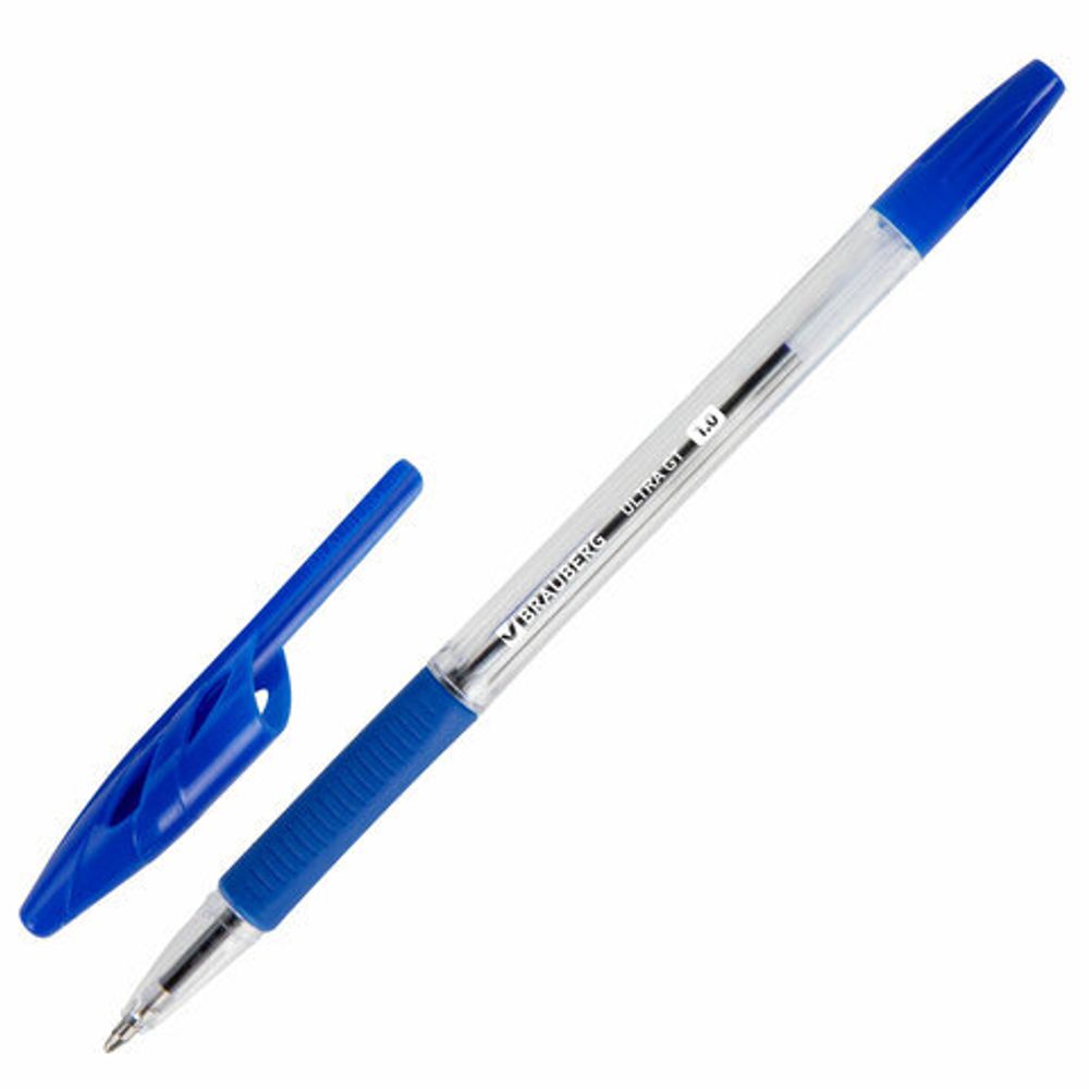 Ручка шариковая с грипом BRAUBERG "ULTRA GT", 1шт, СИНЯЯ, корпус прозрачный, линия 0,5 мм, 144051