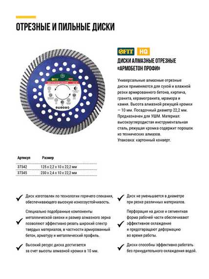 Диск отрезной алмазный "Армобетон Профи", сухая и влажная резка 125x2.2x10x22.2 мм FIT 37342