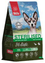 Сухой корм для кошек Blitz Holistic Cat Duck & Rabbit Sterilised Cat низкозерновой корм для стерилизованных кошек,утка и кролик, 1,5 кг