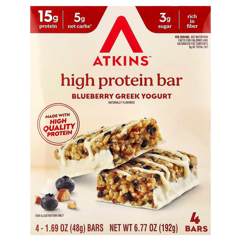 Atkins, высокопротеиновый батончик, греческий йогурт с голубикой, 4 батончика по 48 г (1,69 унции)