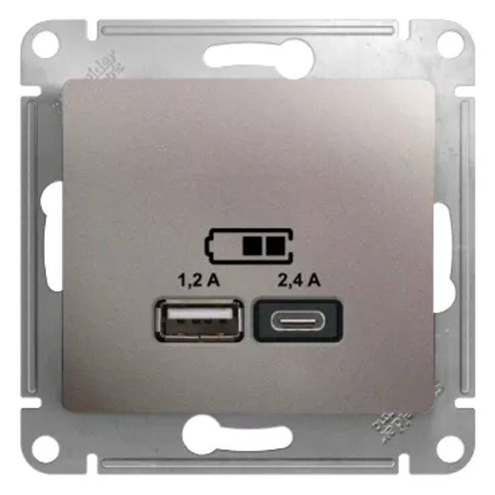 GLOSSA USB РОЗЕТКА А+С, 5В/2,4А, 2х5В/1,2А, механизм, ПЛАТИНА