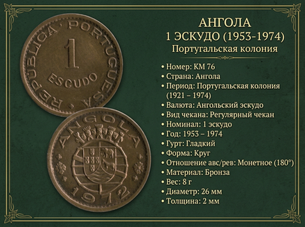 Ангола 1 эскудо, 1972 Португальская колония XF