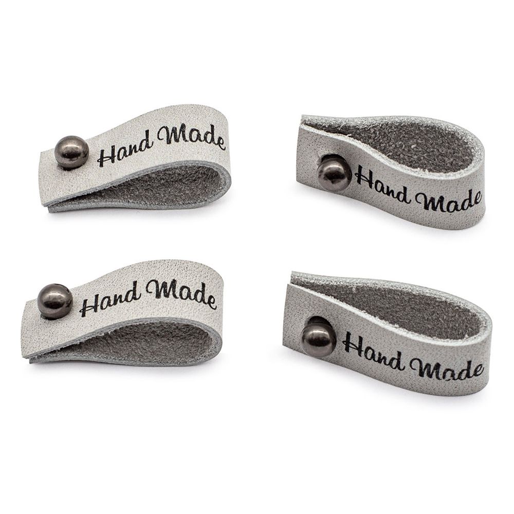 Бирка кожаная с кнопкой ""Hand Made"" 1,3х7см, уп.4 шт (светло-серый)