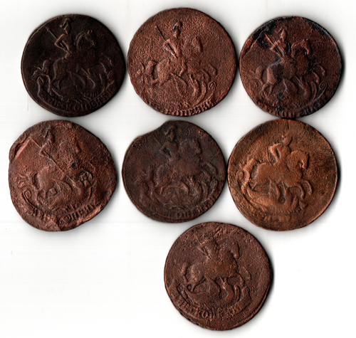 Набор медных монет 2 копейки 1757-1788 (7 монет) номинал под св. Георгием гурт сетчатый (VG-F)