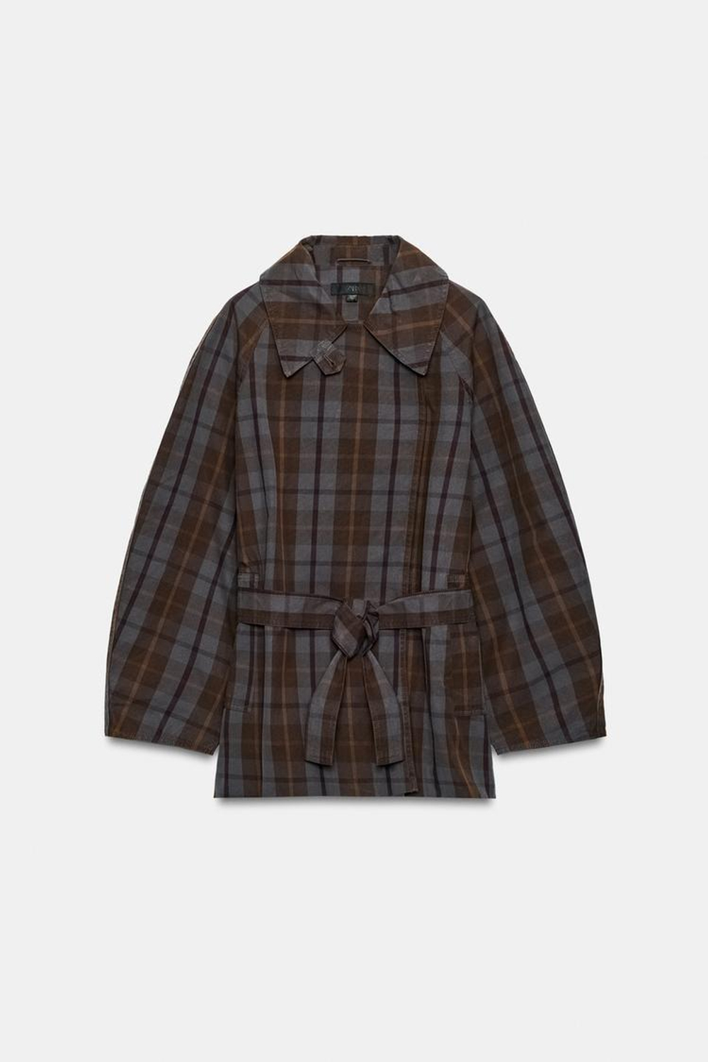 ZARA ТРЕНЧ В КЛЕТКУ С ПОЯСОМ, КОРИЧНЕВО-СИНИЙ