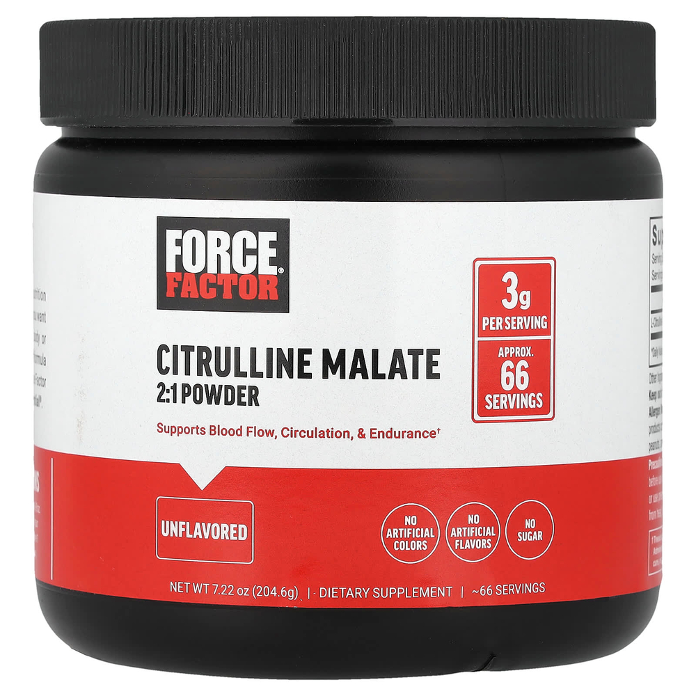 Force Factor, цитруллин малат 2:1 в порошке, без вкусовых добавок, 204,6 г (7,22 унции)