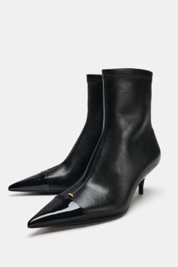ZARA БОТИЛЬОНЫ НА КАБЛУКЕ С КОНТРАСТНЫМ НОСОМ, ЧЕРНЫЙ