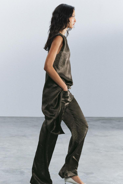 ZARA АТЛАСНЫЙ ТОП ZW COLLECTION, ТЕМНО-ЗЕЛЕНЫЙ
