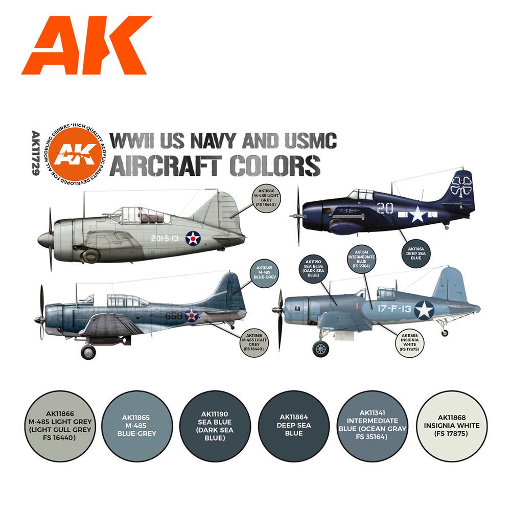 Набор красок AK interactive WWII US Navy & USMC Aircraft Colors Set 3G, 6 красок