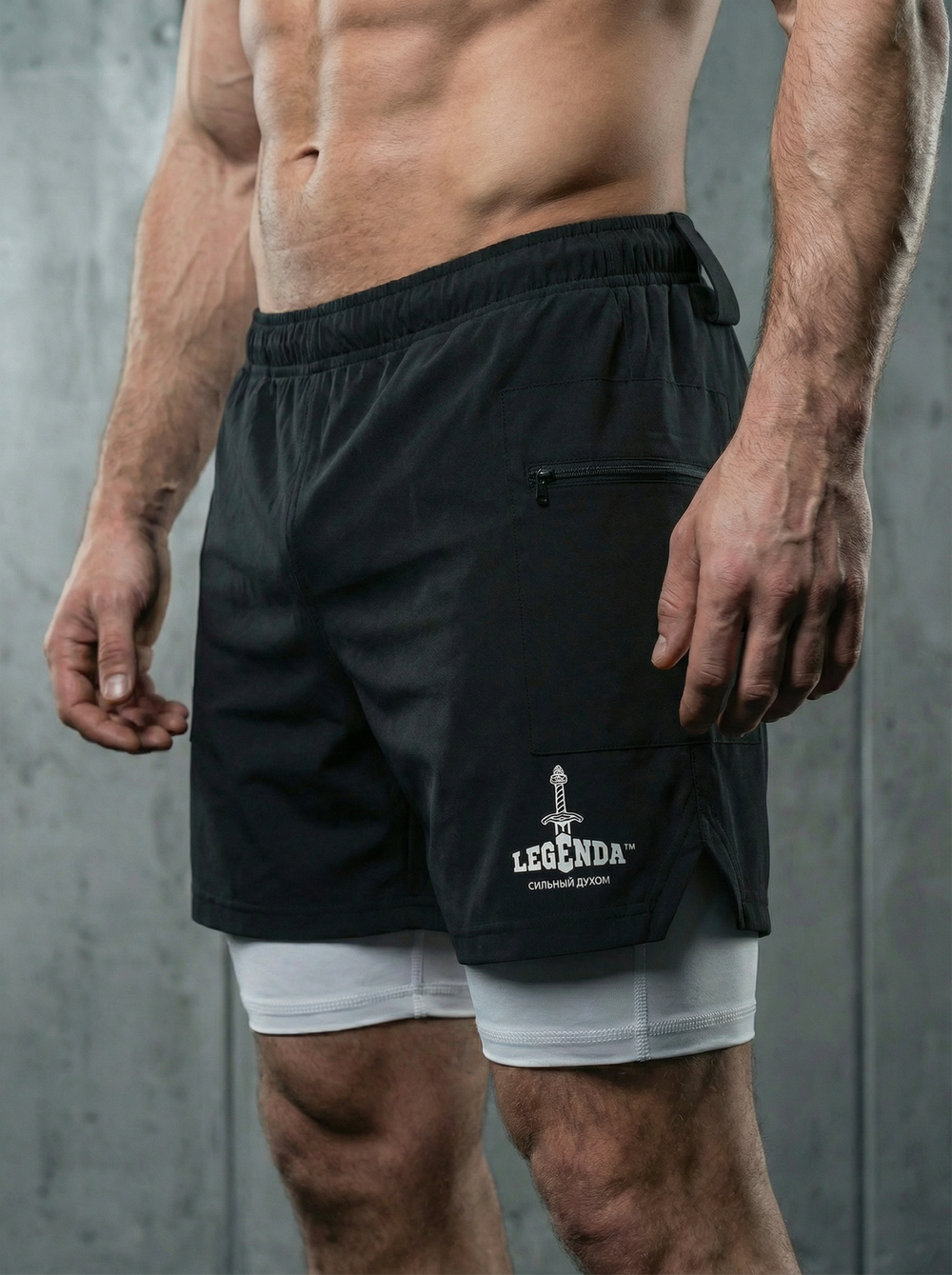 Шорты двойные тренировочные LEGENDA Gym чёрные с белым лого