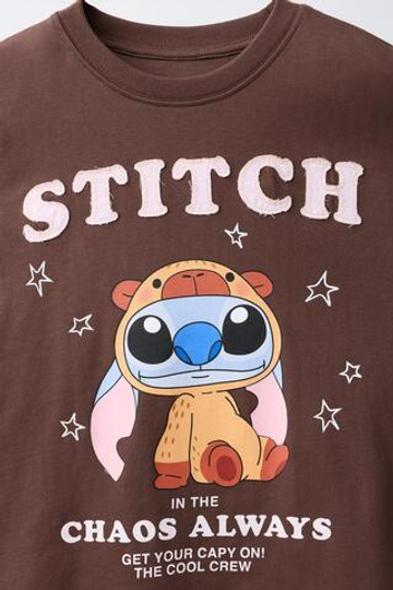 ZARA ФУТБОЛКА С ПРИНТОМ LILO & STITCH © DISNEY, КОРИЧНЕВЫЙ