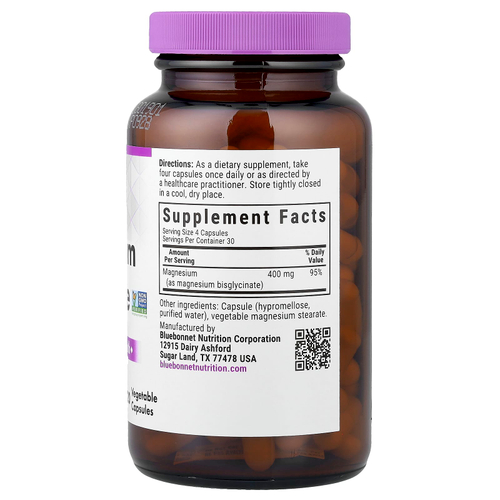 Bluebonnet Nutrition, Глицинат магния, 120 растительных капсул (100 мг на капсулу)