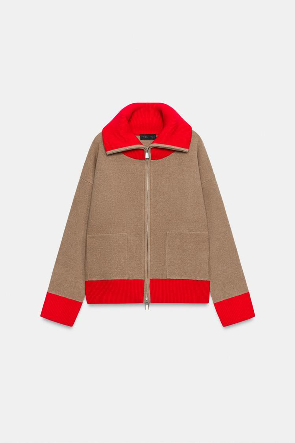 ZARA КОМБИНИРОВАННЫЙ КАРДИГАН, ЭКРЮ/КРАСНЫЙ