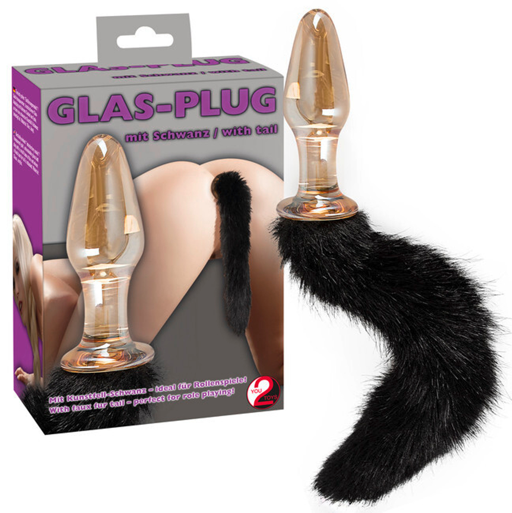 Стеклянная анальная втулка с хвостиком Glas-Plug with tail (Цвет: золотой с черный)