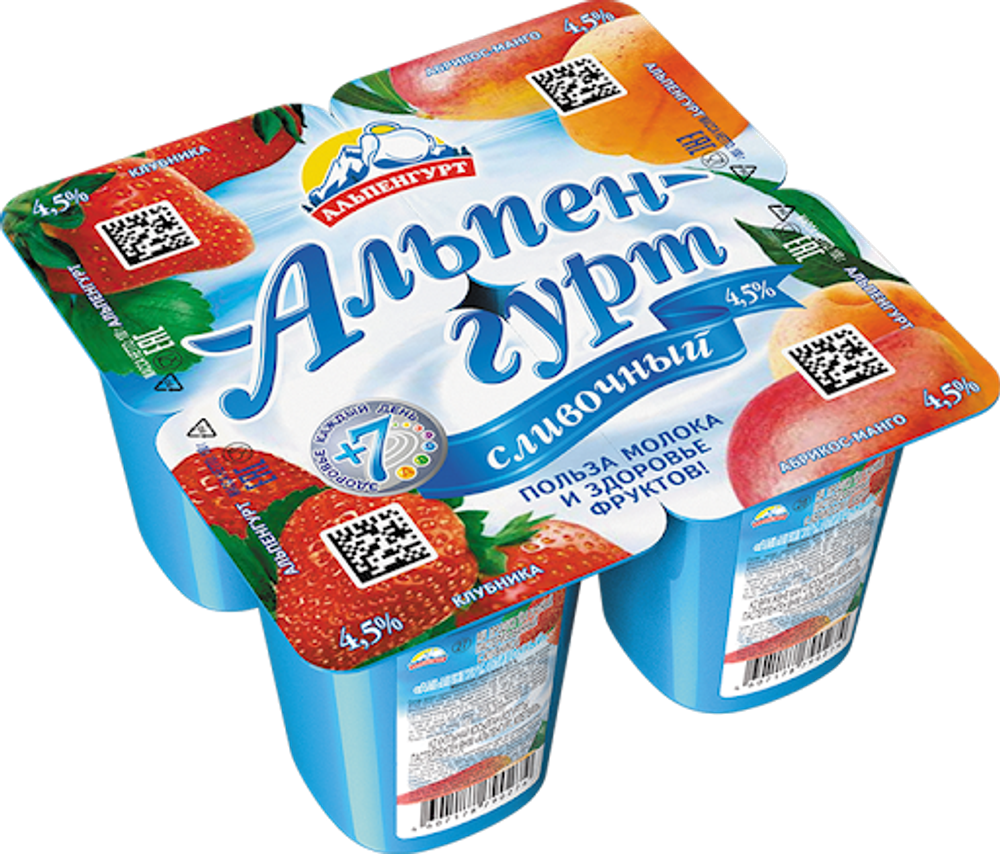 Альпенгурт йогурт Сливочный 4,5%  (Клубника/абрикос-манго) 100г