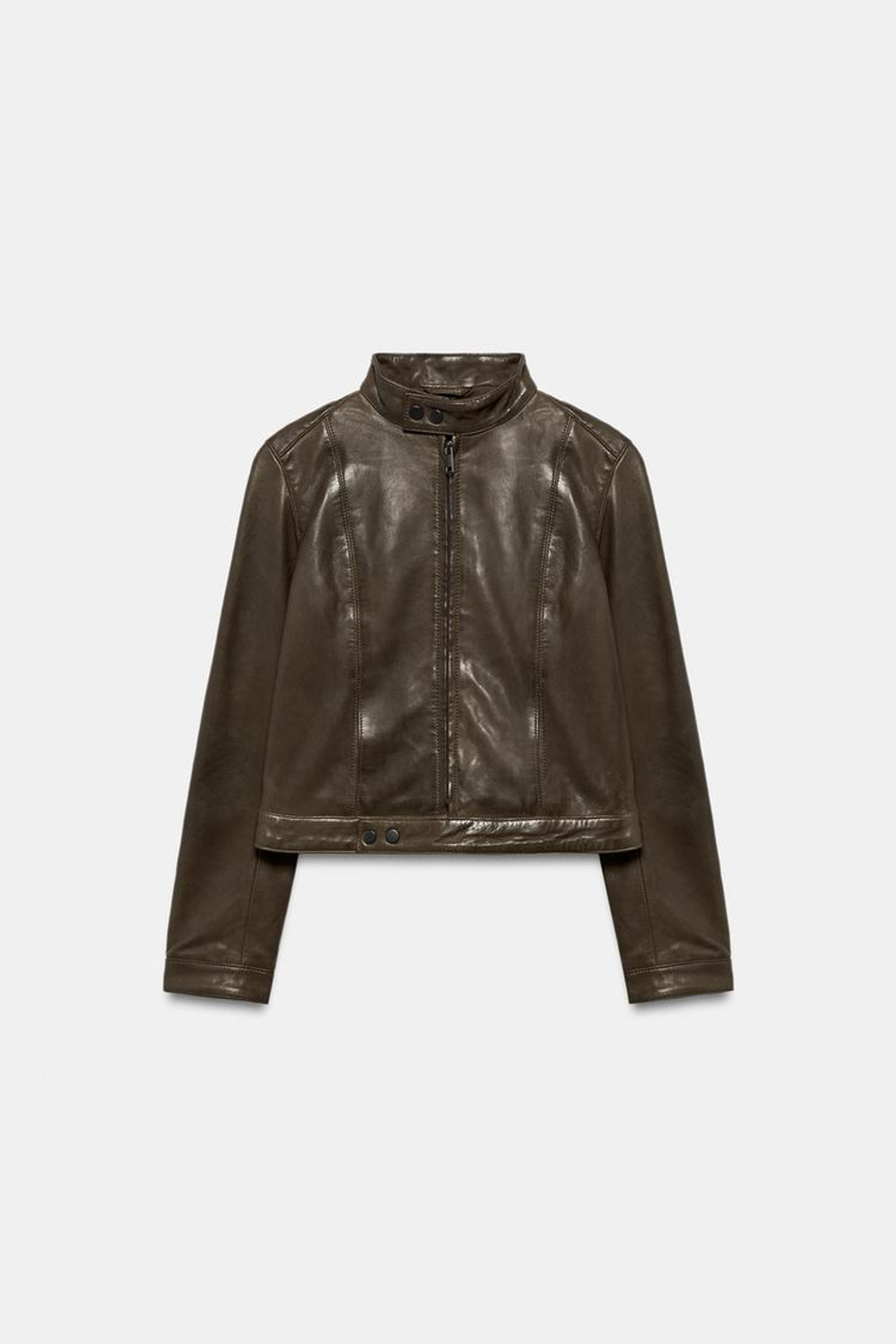 ZARA КУРТКА ИЗ 100% КОЖИ НА МОЛНИИ, ЗЕЛЕНЫЙ/СЕРЫЙ