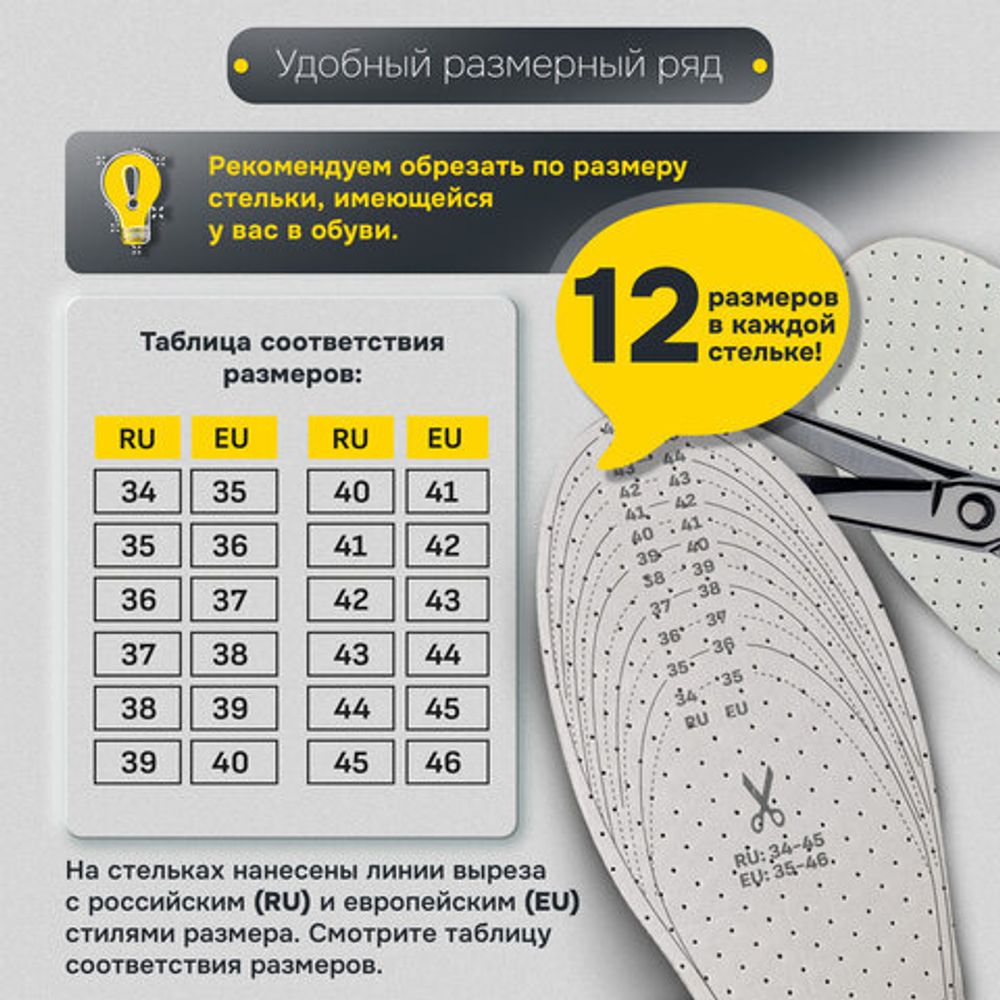 Стельки для обуви КОМФОРТ, УНИВЕРСАЛЬНЫЙ размер RU 34-45 / EU 35-46 с линиями выреза, SHEGRA (ШЕГРА), 700733