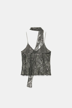 ZARA ТОП С КРУЖЕВОМ, ВЫШИВКОЙ И КОСЫНКОЙ, СЕРЫЙ