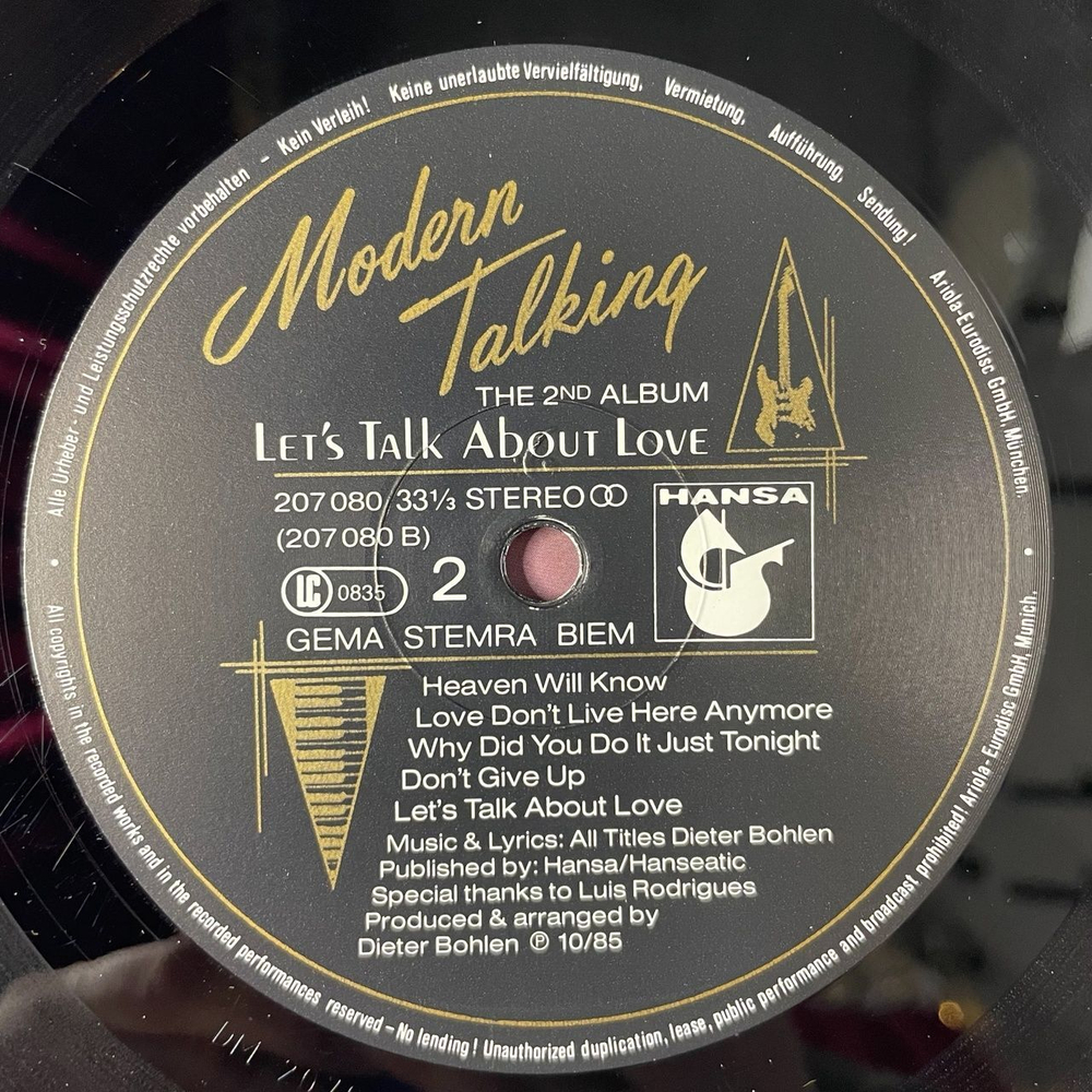 Винтажная виниловая пластинка LP Modern Talking Let's Talk About Love (The 2nd Album) (Germany 1985) Heaven Will Know