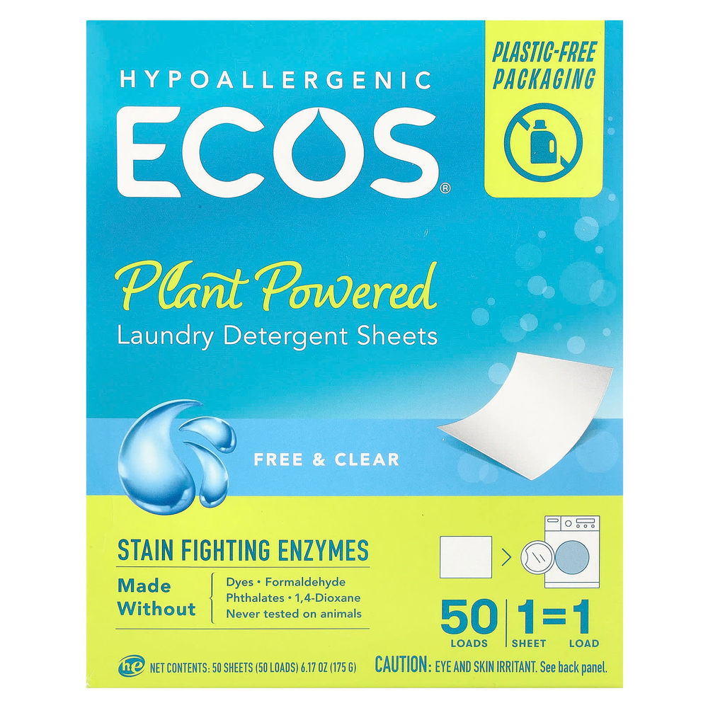 Earth Friendly Products, Ecos®, растительные салфетки для стирки, без добавок и прозрачные, 50 шт.