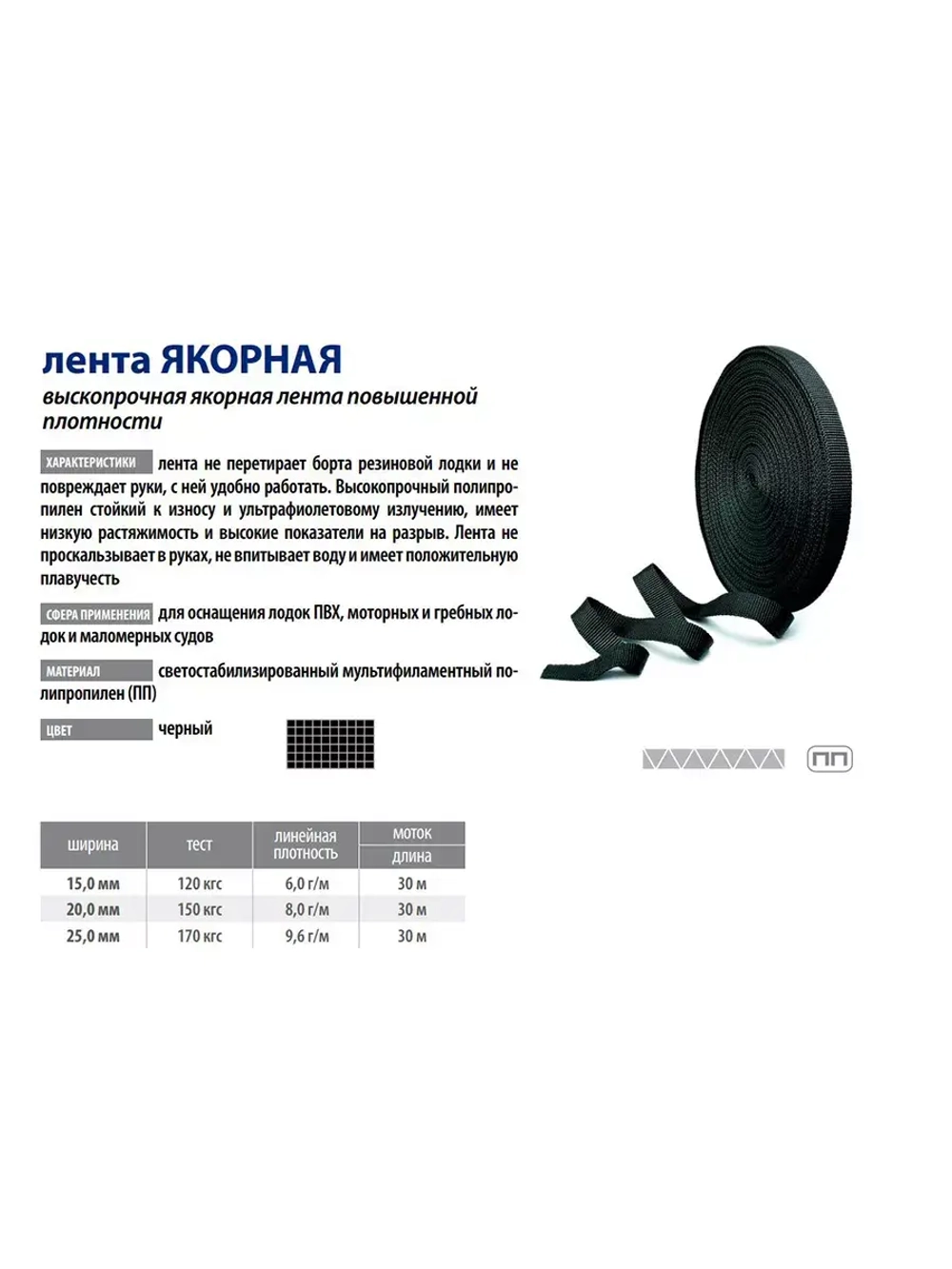 Шнур для яхт ЯКОРНАЯ 20 мм, 150 кг, 30 м, черная