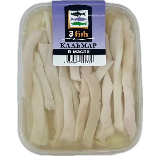 Кальмар командорский соломка, маринованный в масле "3fish" 150гр (6шт)