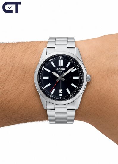Casio MTP-VD02D-1E General часы наручные мужские — чёрный циферблат, стальной браслет и дата