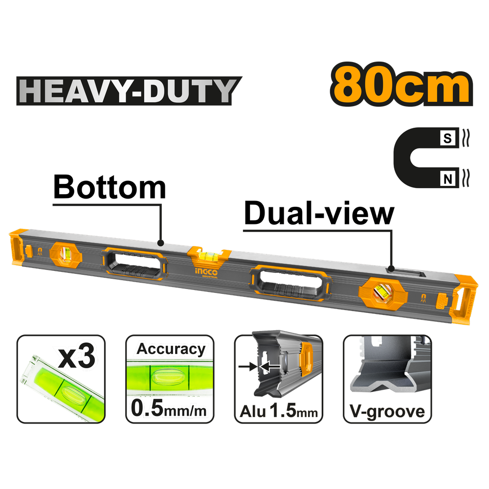 Строительный усиленный уровень с магнитом INGCO HSL68080 INDUSTRIAL 80 см