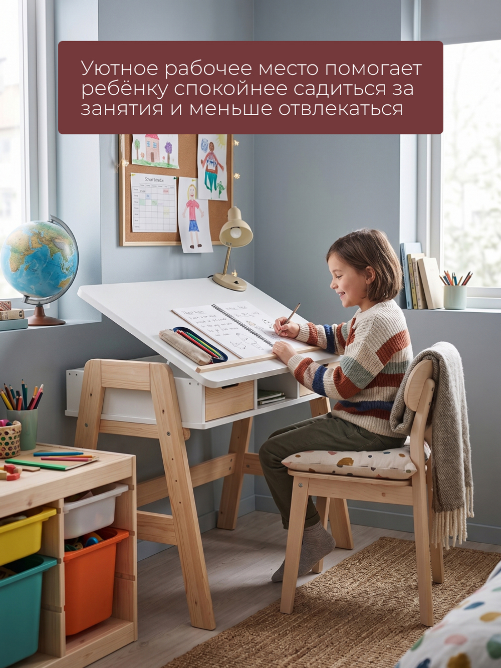 Стол письменный 94х59х75 Кампо, растущая парта с ящиками с регулировкой наклона и высоты, детский, массив сосны