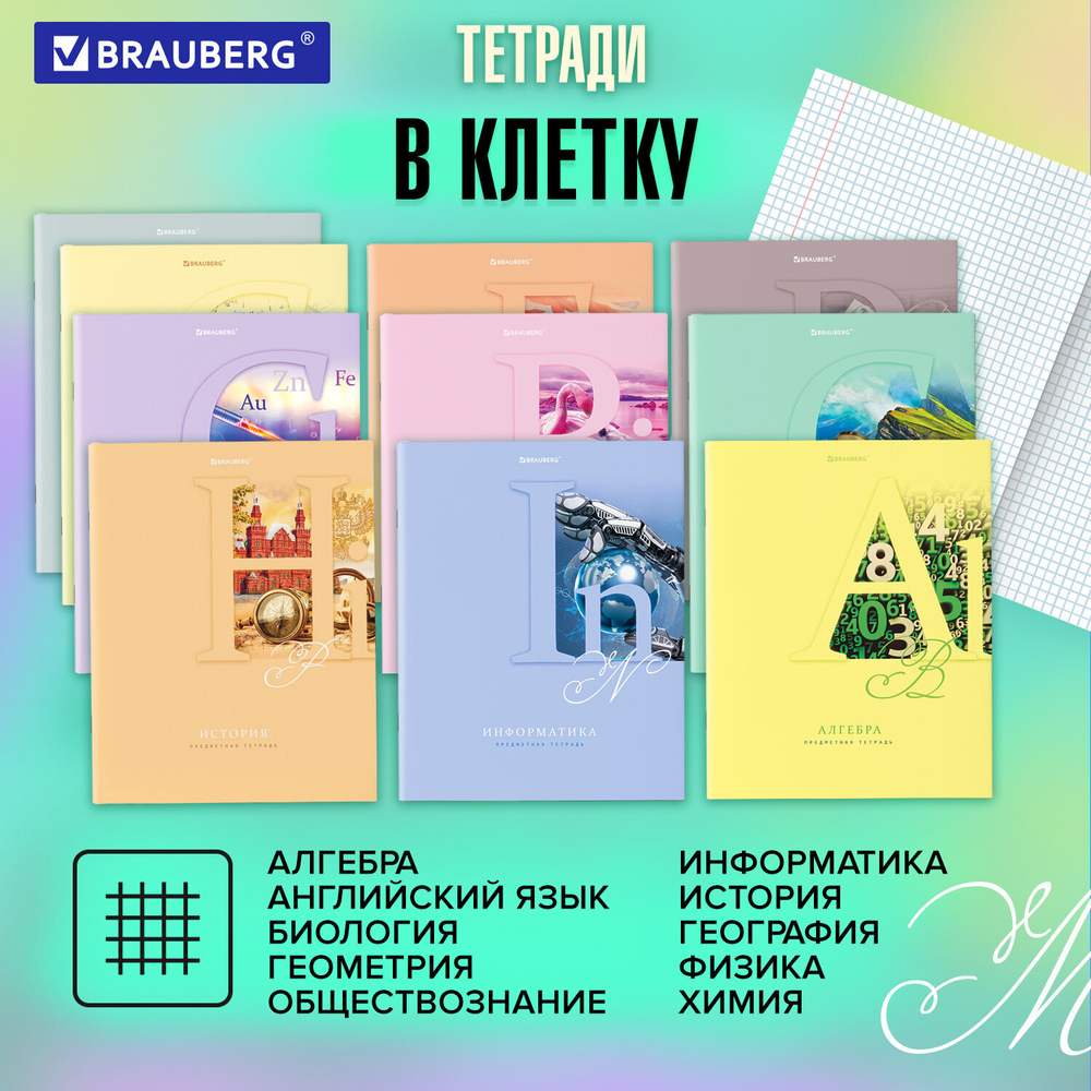 Тетради предметные, КОМПЛЕКТ 12 ПРЕДМЕТОВ, ПАСТЕЛЬНАЯ, 48 листов, обложка картон, BRAUBERG, 404026