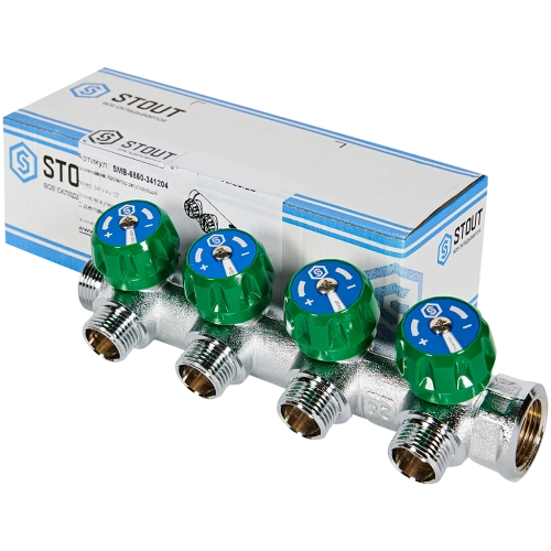 SMB-6850-341204 STOUT Коллектор регулирующий 3/4 , 4 отвода 1/2 под компрессионный фитинг для полимерных труб