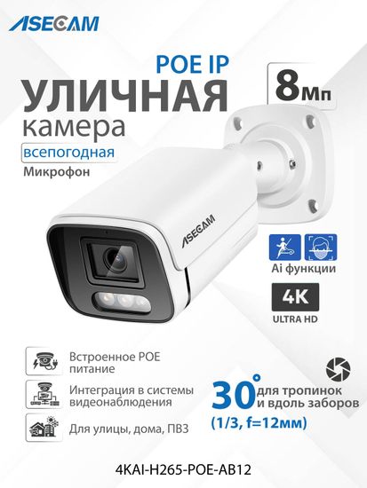 ASECAM 4K POE Ai уличная IP камера 8Mp POE с определением лица и формы человека, объектив 12мм 30 градусов